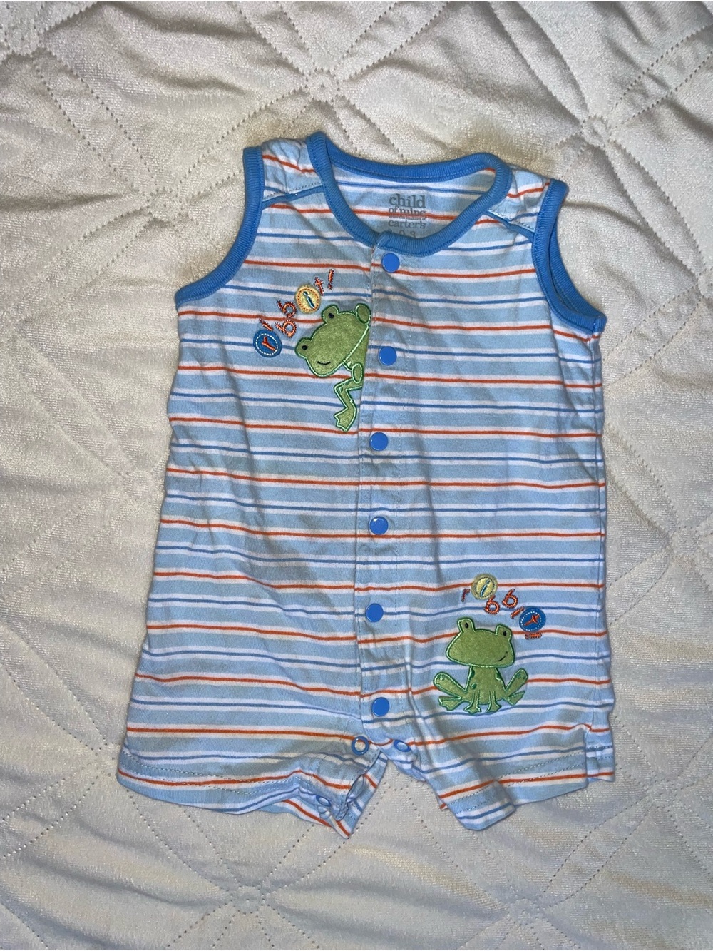 Child of mine by Carters Blue Striped Baby Romper with Frog Appliqués